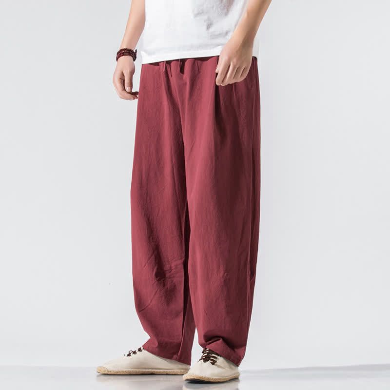 Buddha Stones Summer Casual Minimalist Drawstring Elastic Waist Solid Long Pants Men's Harem Pants With Pockets