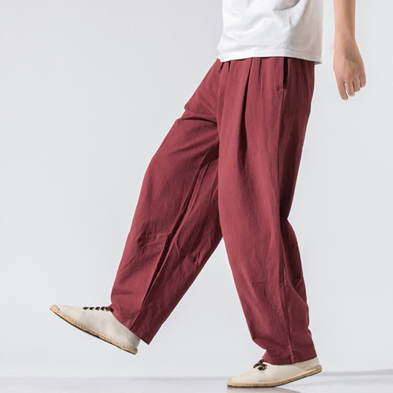 Buddha Stones Summer Casual Minimalist Drawstring Elastic Waist Solid Long Pants Men's Harem Pants With Pockets