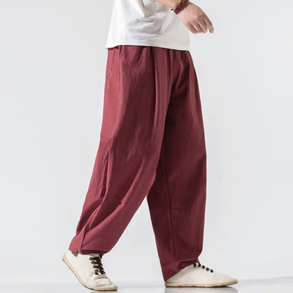 Buddha Stones Summer Casual Minimalist Drawstring Elastic Waist Solid Long Pants Men's Harem Pants With Pockets