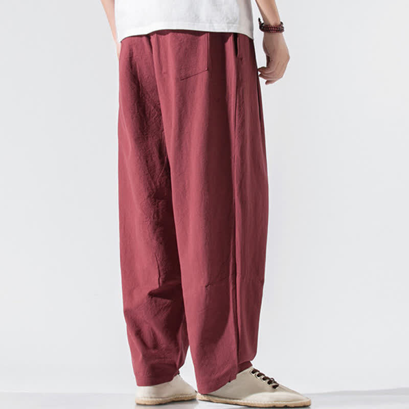 Buddha Stones Summer Casual Minimalist Drawstring Elastic Waist Solid Long Pants Men's Harem Pants With Pockets