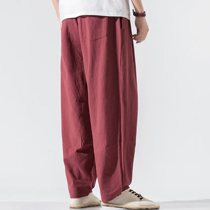 Buddha Stones Summer Casual Minimalist Drawstring Elastic Waist Solid Long Pants Men's Harem Pants With Pockets