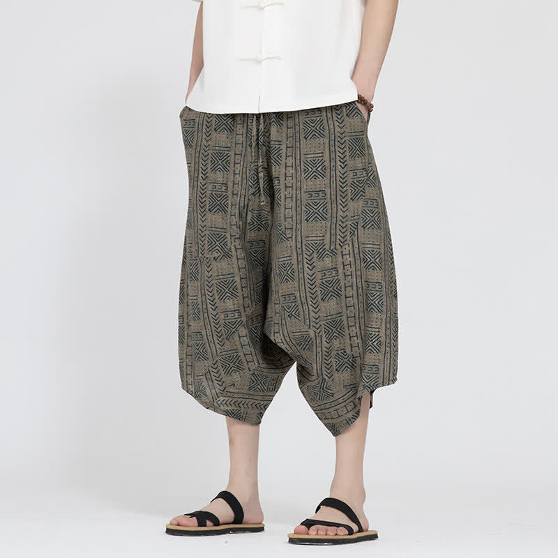 Buddha Stones Summer Boho Casual Elastic Waist Geometric Floral Pattern Capri Pants Men's Harem Pants