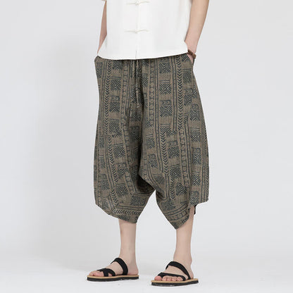 Buddha Stones Summer Boho Casual Elastic Waist Geometric Floral Pattern Capri Pants Men's Harem Pants