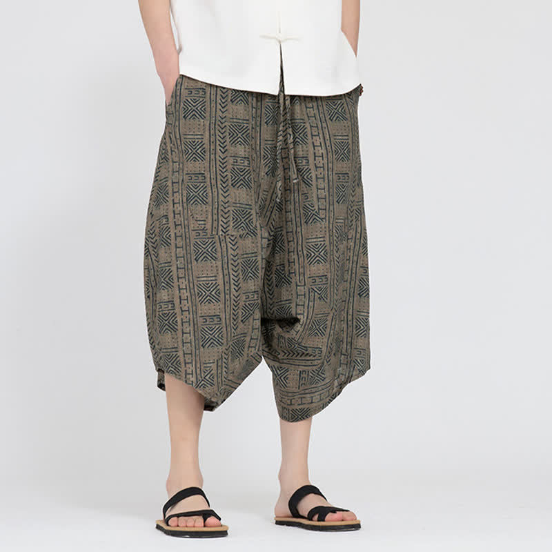 Buddha Stones Summer Boho Casual Elastic Waist Geometric Floral Pattern Capri Pants Men's Harem Pants