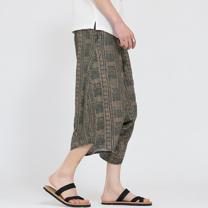 Buddha Stones Summer Boho Casual Elastic Waist Geometric Floral Pattern Capri Pants Men's Harem Pants
