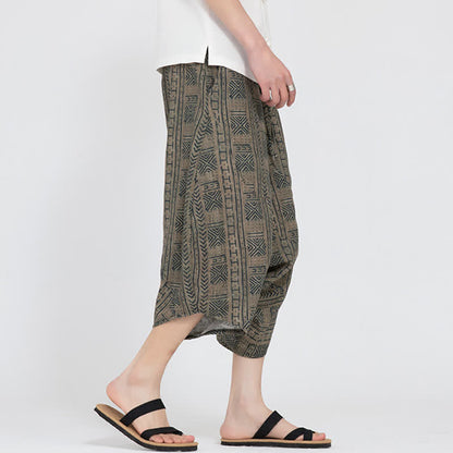 Buddha Stones Summer Boho Casual Elastic Waist Geometric Floral Pattern Capri Pants Men's Harem Pants