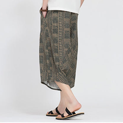 Buddha Stones Summer Boho Casual Elastic Waist Geometric Floral Pattern Capri Pants Men's Harem Pants