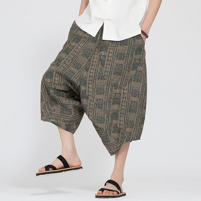 Buddha Stones Summer Boho Casual Elastic Waist Geometric Floral Pattern Capri Pants Men's Harem Pants