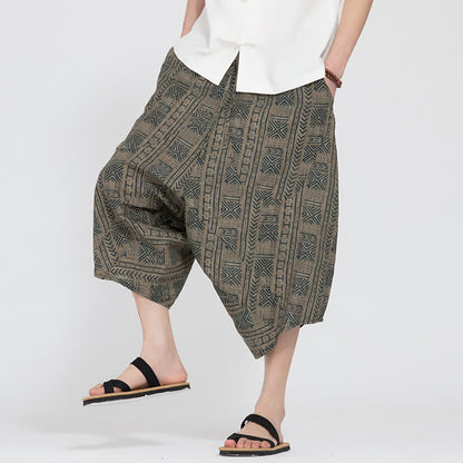 Buddha Stones Summer Boho Casual Elastic Waist Geometric Floral Pattern Capri Pants Men's Harem Pants
