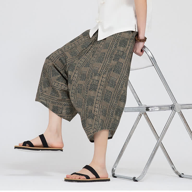 Buddha Stones Summer Boho Casual Elastic Waist Geometric Floral Pattern Capri Pants Men's Harem Pants