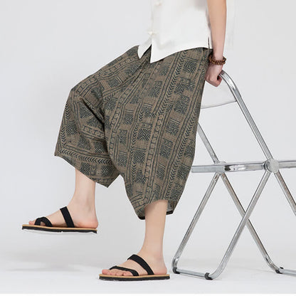 Buddha Stones Summer Boho Casual Elastic Waist Geometric Floral Pattern Capri Pants Men's Harem Pants