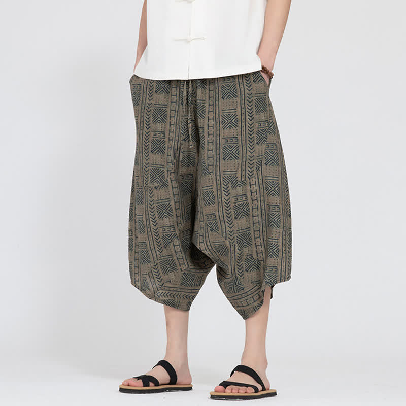 Buddha Stones Summer Boho Casual Elastic Waist Geometric Floral Pattern Capri Pants Men's Harem Pants