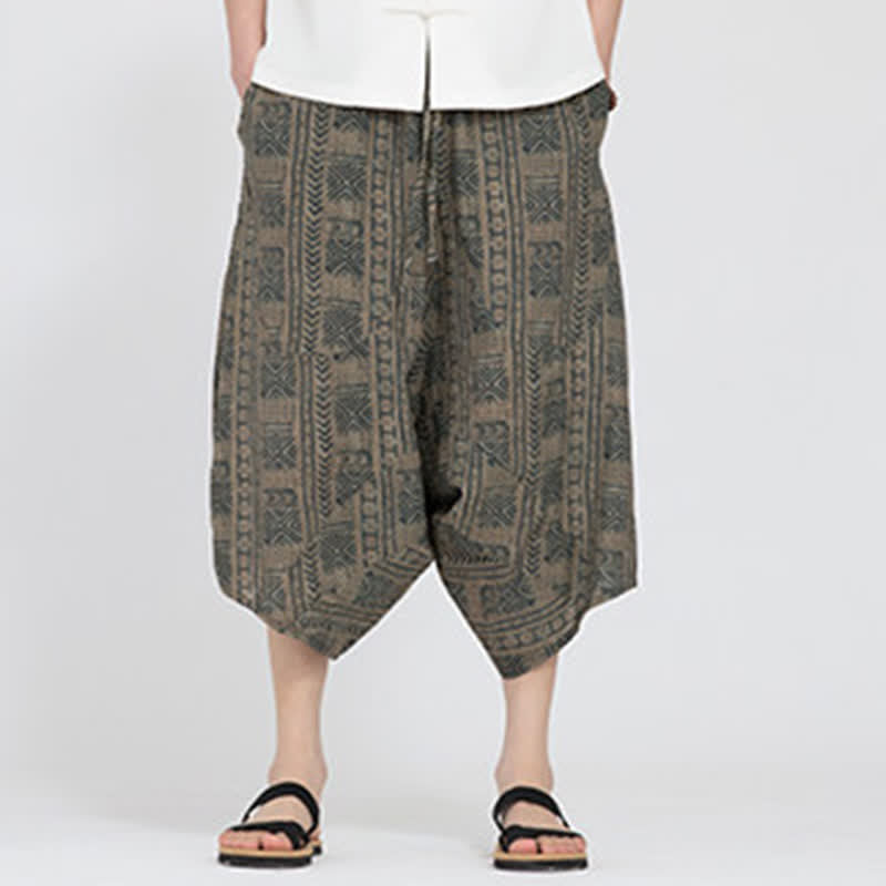 Buddha Stones Summer Boho Casual Elastic Waist Geometric Floral Pattern Capri Pants Men's Harem Pants