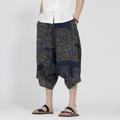 Buddha Stones Summer Boho Casual Elastic Waist Geometric Floral Pattern Capri Pants Men's Harem Pants