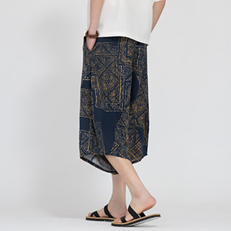 Buddha Stones Summer Boho Casual Elastic Waist Geometric Floral Pattern Capri Pants Men's Harem Pants