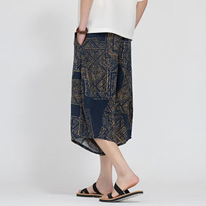 Buddha Stones Summer Boho Casual Elastic Waist Geometric Floral Pattern Capri Pants Men's Harem Pants