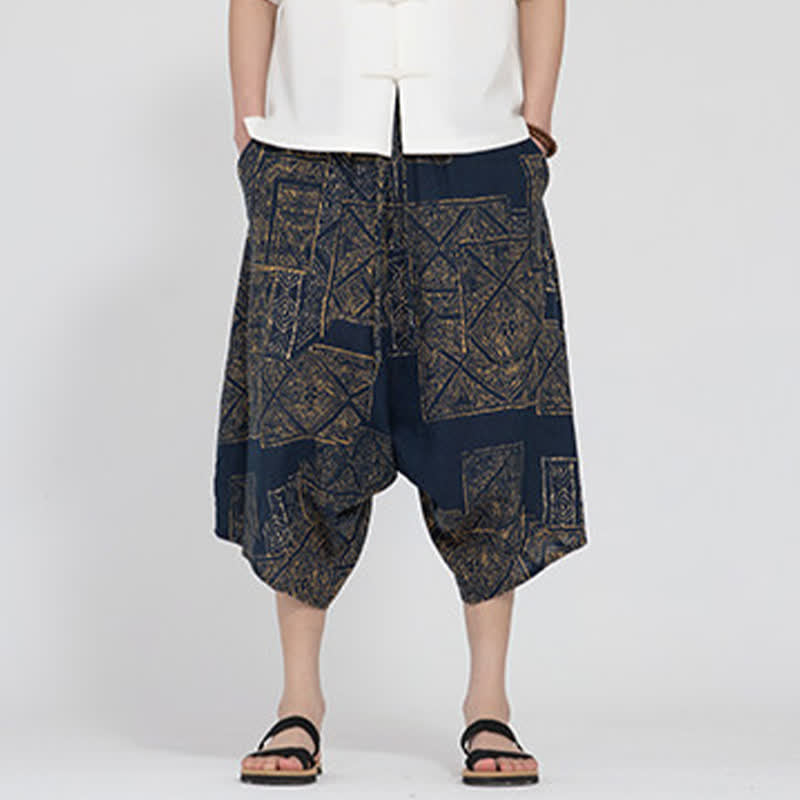 Buddha Stones Summer Boho Casual Elastic Waist Geometric Floral Pattern Capri Pants Men's Harem Pants