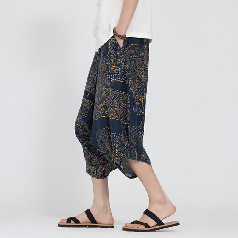 Buddha Stones Summer Boho Casual Elastic Waist Geometric Floral Pattern Capri Pants Men's Harem Pants