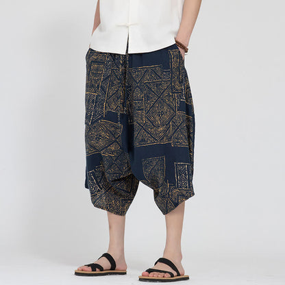 Buddha Stones Summer Boho Casual Elastic Waist Geometric Floral Pattern Capri Pants Men's Harem Pants
