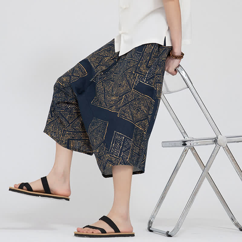 Buddha Stones Summer Boho Casual Elastic Waist Geometric Floral Pattern Capri Pants Men's Harem Pants