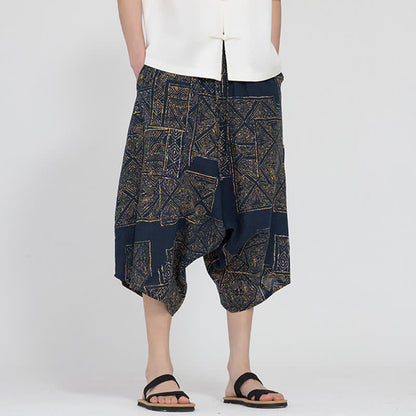 Buddha Stones Summer Boho Casual Elastic Waist Geometric Floral Pattern Capri Pants Men's Harem Pants