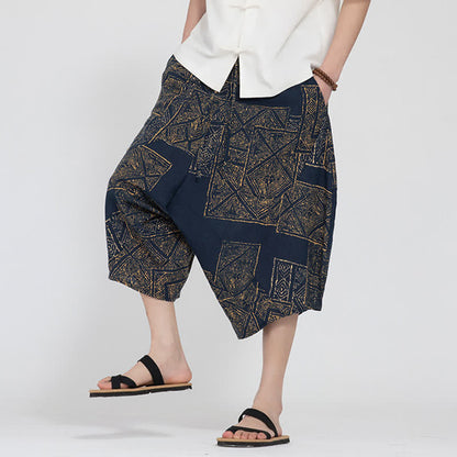 Buddha Stones Summer Boho Casual Elastic Waist Geometric Floral Pattern Capri Pants Men's Harem Pants