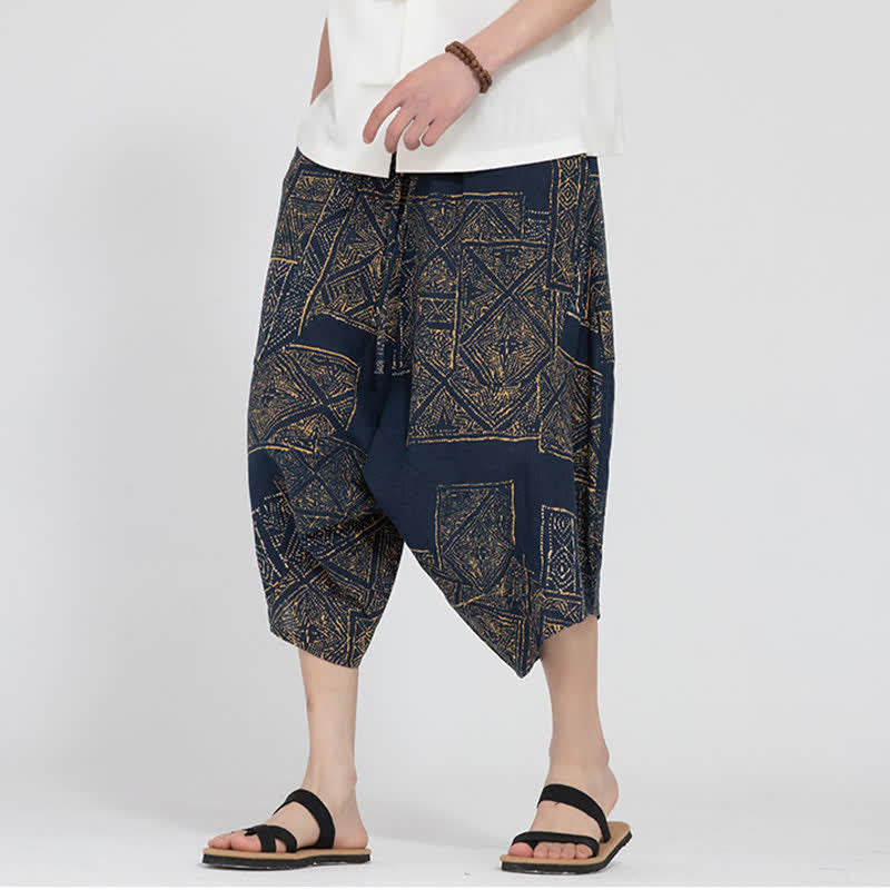 Buddha Stones Summer Boho Casual Elastic Waist Geometric Floral Pattern Capri Pants Men's Harem Pants