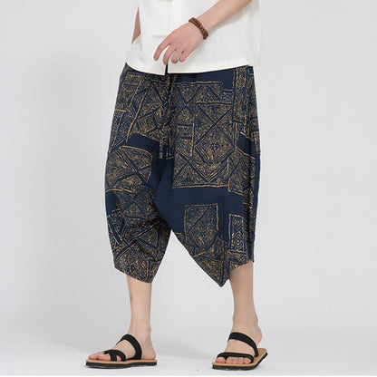 Buddha Stones Summer Boho Casual Elastic Waist Geometric Floral Pattern Capri Pants Men's Harem Pants