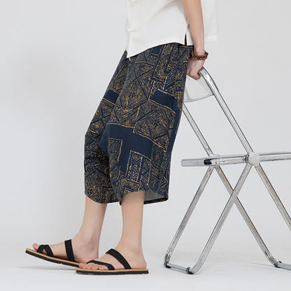 Buddha Stones Summer Boho Casual Elastic Waist Geometric Floral Pattern Capri Pants Men's Harem Pants
