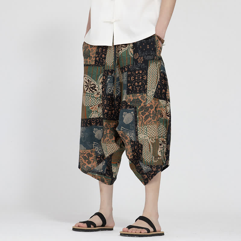 Buddha Stones Summer Boho Casual Elastic Waist Geometric Floral Pattern Capri Pants Men's Harem Pants