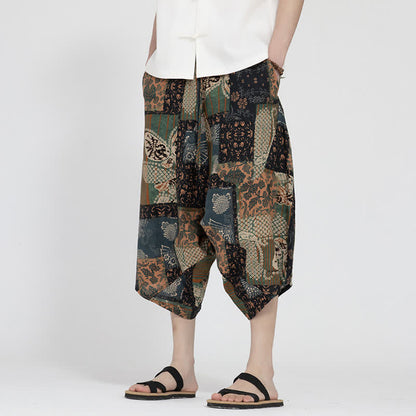 Buddha Stones Summer Boho Casual Elastic Waist Geometric Floral Pattern Capri Pants Men's Harem Pants