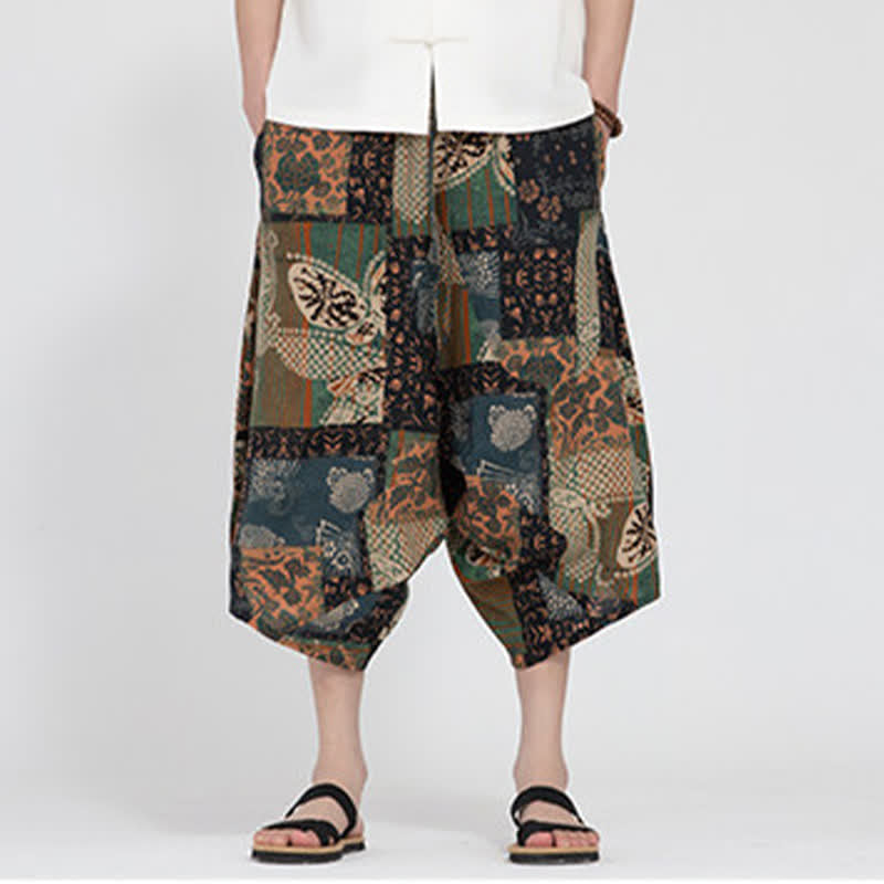 Buddha Stones Summer Boho Casual Elastic Waist Geometric Floral Pattern Capri Pants Men's Harem Pants