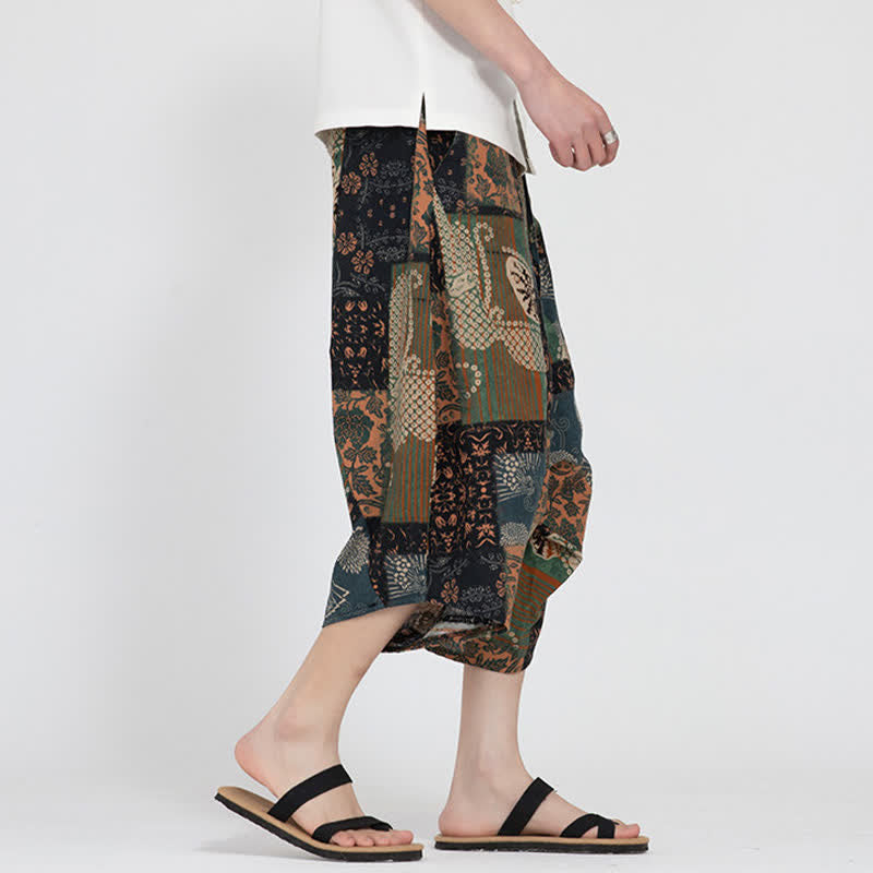 Buddha Stones Summer Boho Casual Elastic Waist Geometric Floral Pattern Capri Pants Men's Harem Pants