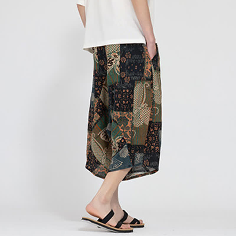 Buddha Stones Summer Boho Casual Elastic Waist Geometric Floral Pattern Capri Pants Men's Harem Pants