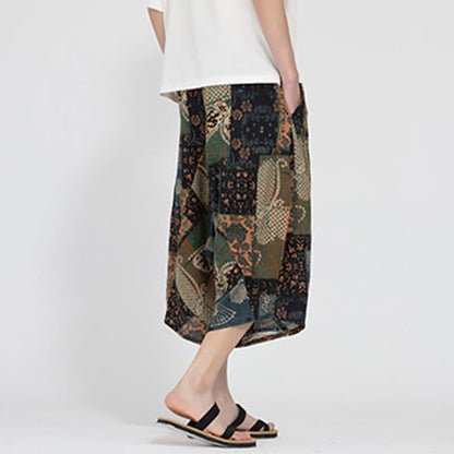 Buddha Stones Summer Boho Casual Elastic Waist Geometric Floral Pattern Capri Pants Men's Harem Pants