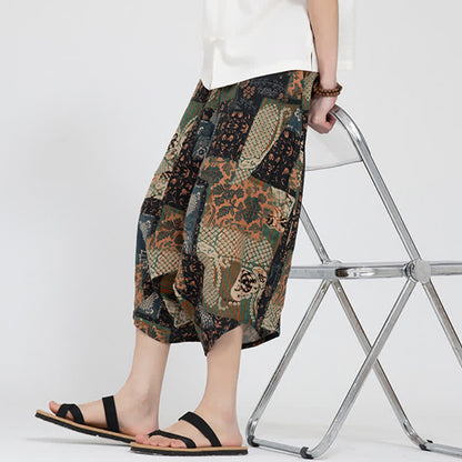 Buddha Stones Summer Boho Casual Elastic Waist Geometric Floral Pattern Capri Pants Men's Harem Pants