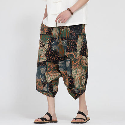 Buddha Stones Summer Boho Casual Elastic Waist Geometric Floral Pattern Capri Pants Men's Harem Pants