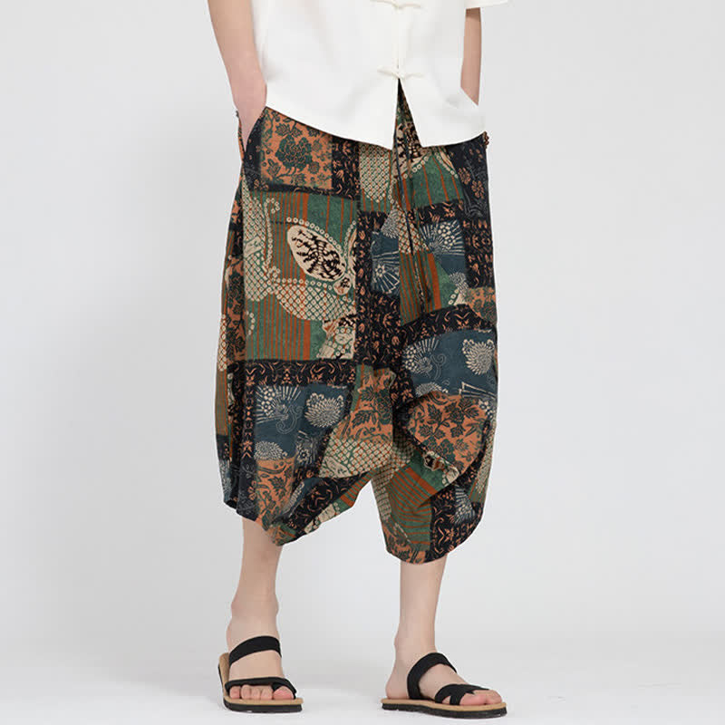 Buddha Stones Summer Boho Casual Elastic Waist Geometric Floral Pattern Capri Pants Men's Harem Pants