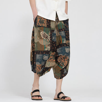 Buddha Stones Summer Boho Casual Elastic Waist Geometric Floral Pattern Capri Pants Men's Harem Pants