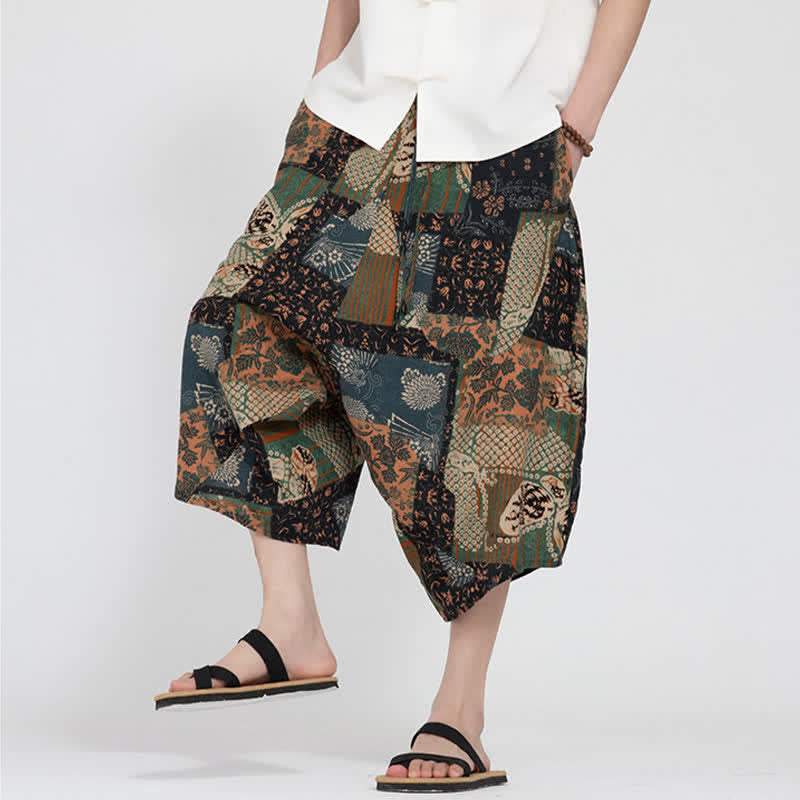 Buddha Stones Summer Boho Casual Elastic Waist Geometric Floral Pattern Capri Pants Men's Harem Pants