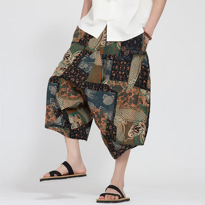 Buddha Stones Summer Boho Casual Elastic Waist Geometric Floral Pattern Capri Pants Men's Harem Pants
