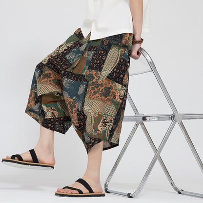 Buddha Stones Summer Boho Casual Elastic Waist Geometric Floral Pattern Capri Pants Men's Harem Pants