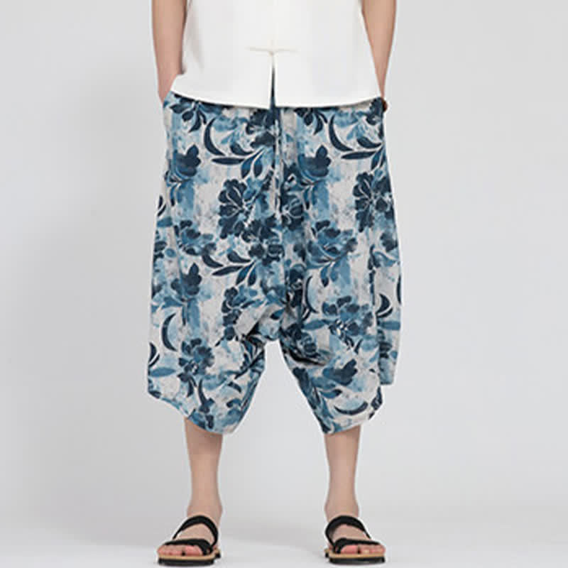 Buddha Stones Summer Boho Casual Elastic Waist Geometric Floral Pattern Capri Pants Men's Harem Pants