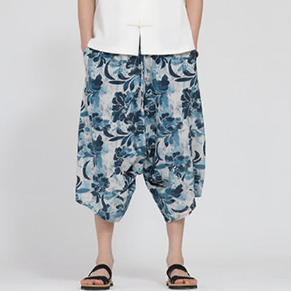 Buddha Stones Summer Boho Casual Elastic Waist Geometric Floral Pattern Capri Pants Men's Harem Pants