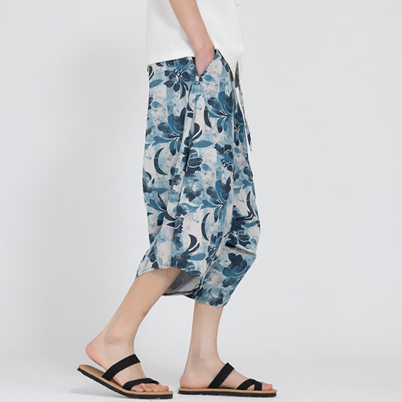 Buddha Stones Summer Boho Casual Elastic Waist Geometric Floral Pattern Capri Pants Men's Harem Pants