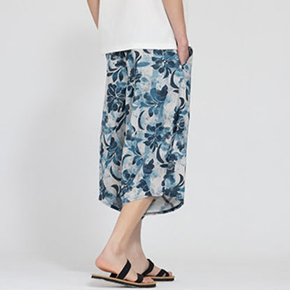 Buddha Stones Summer Boho Casual Elastic Waist Geometric Floral Pattern Capri Pants Men's Harem Pants