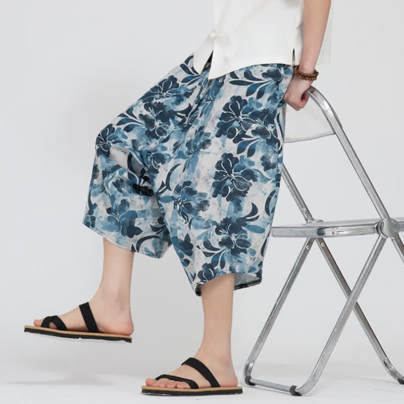 Buddha Stones Summer Boho Casual Elastic Waist Geometric Floral Pattern Capri Pants Men's Harem Pants