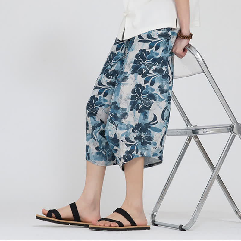 Buddha Stones Summer Boho Casual Elastic Waist Geometric Floral Pattern Capri Pants Men's Harem Pants
