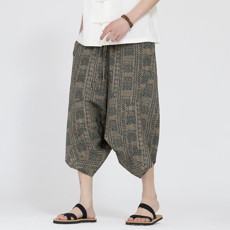 Buddha Stones Summer Boho Casual Elastic Waist Geometric Floral Pattern Capri Pants Men's Harem Pants