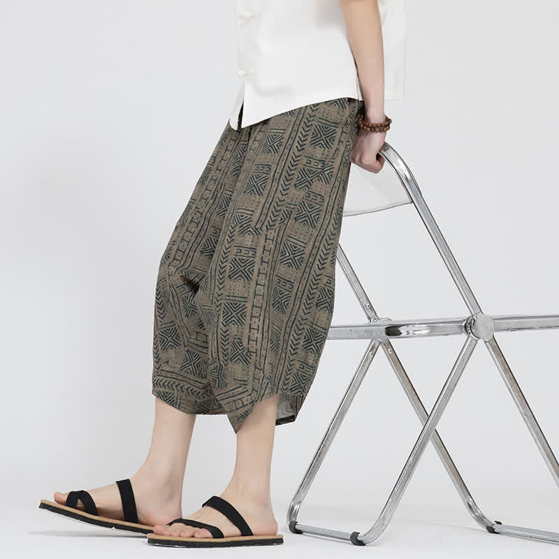 Buddha Stones Summer Boho Casual Elastic Waist Geometric Floral Pattern Capri Pants Men's Harem Pants